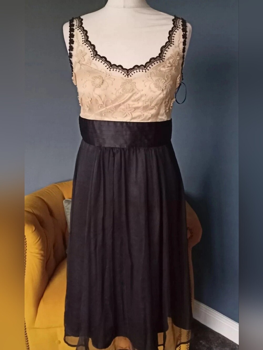 Next Signature Gold Ivory and Black Two-Tone Lace & Mesh Bodice Dress